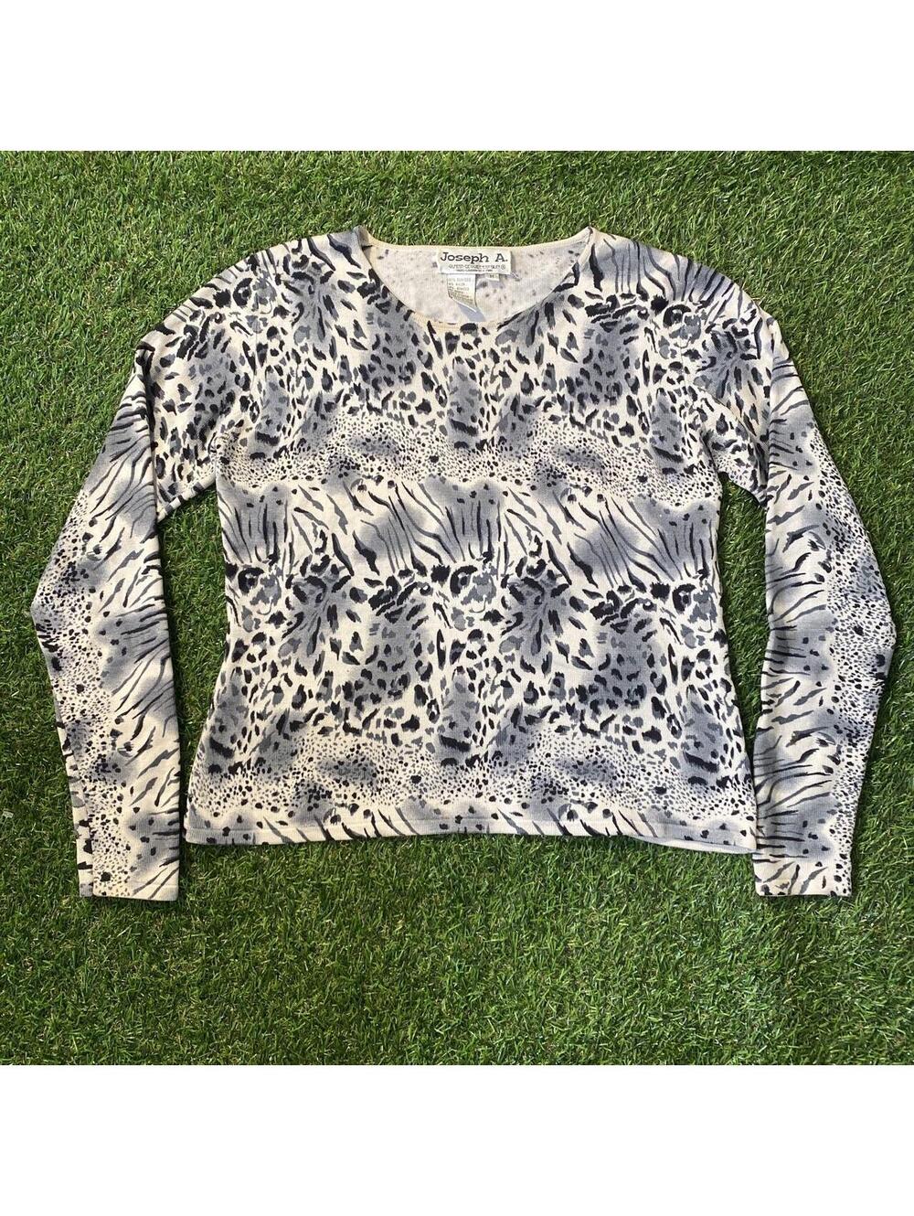 Vintage 90’s Joseph A. white & black Silk abstract Cat print long sleeve shirt